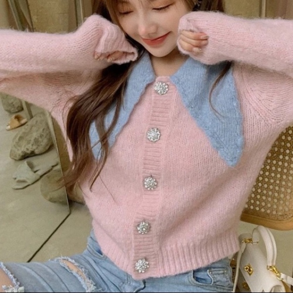 Cardigan sweater stone button pink blue collar short sweater knit - Picture 6 of 11